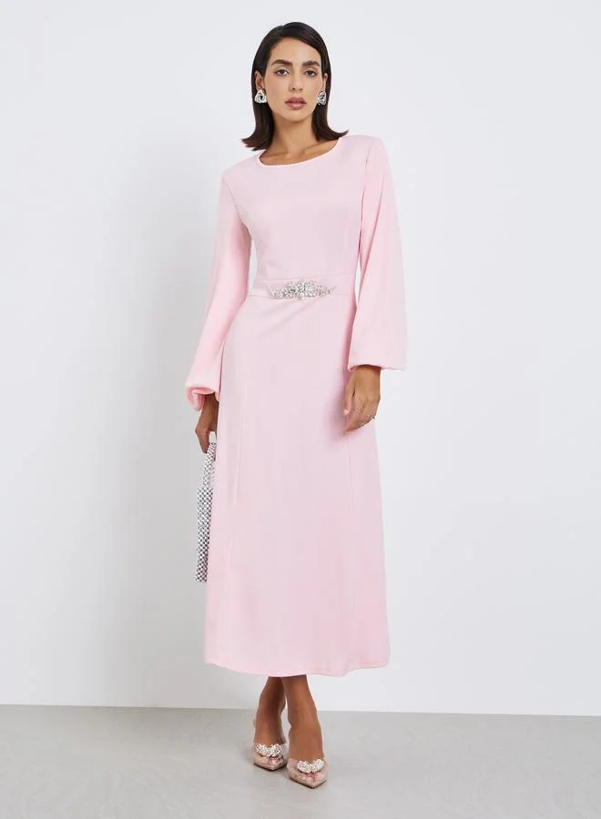 Styli Women Pink Embellished Waist Midi Dress